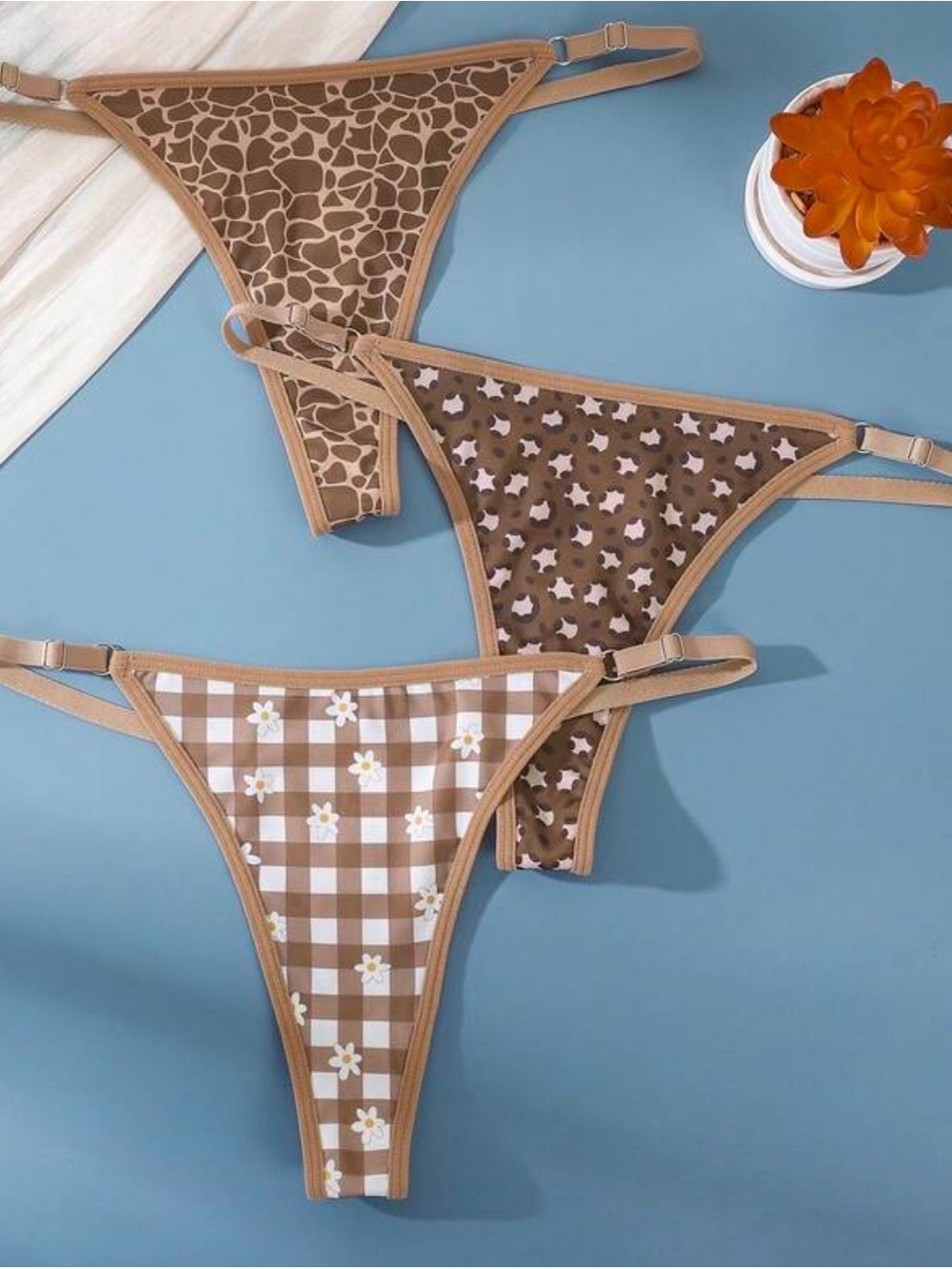 Brown Patterned Thong Bikini Set - 3 Styles